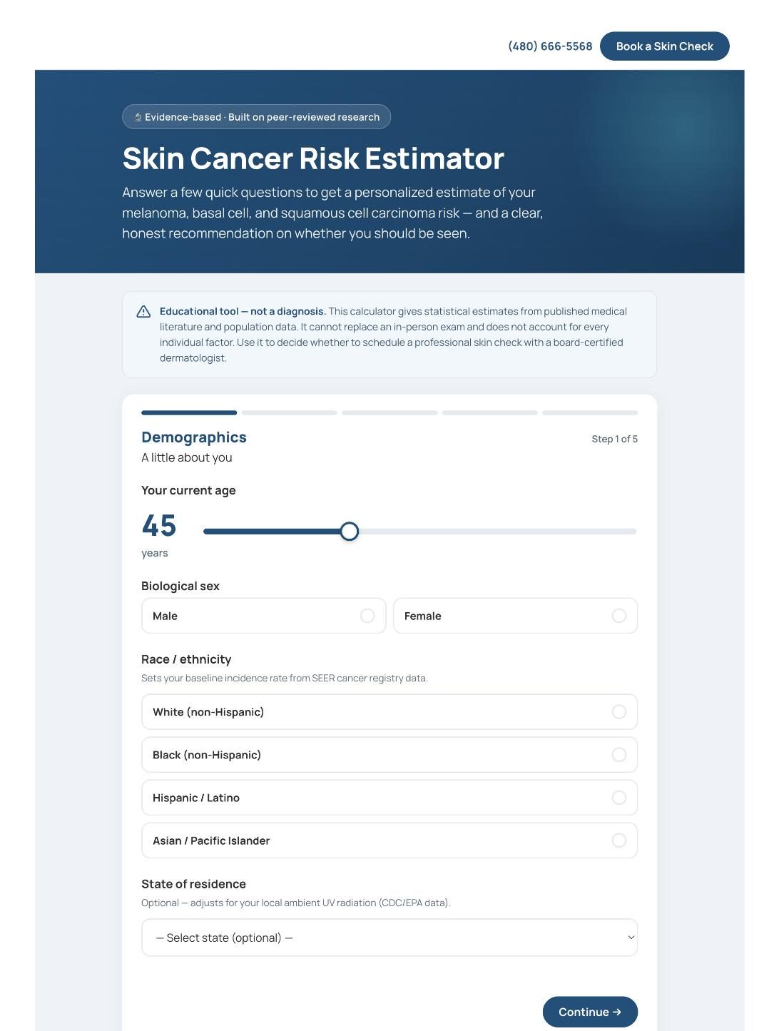 Skin Cancer Risk Estimator &mdash; interactive patient risk assessment tool built by DYE MEDIA for Palm Springs Dermatology Group