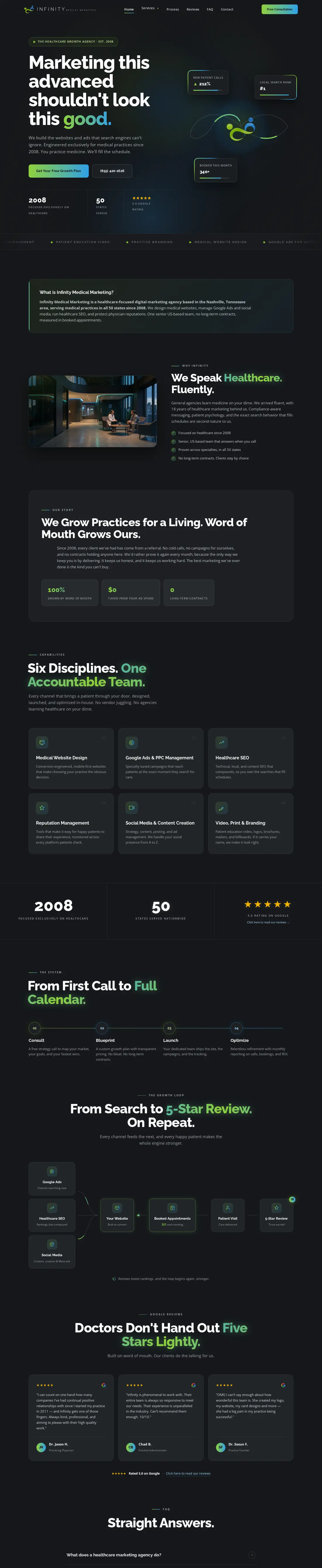 Infinity Medical Marketing website built by DYE MEDIA: dark healthcare agency site with services, process and reviews