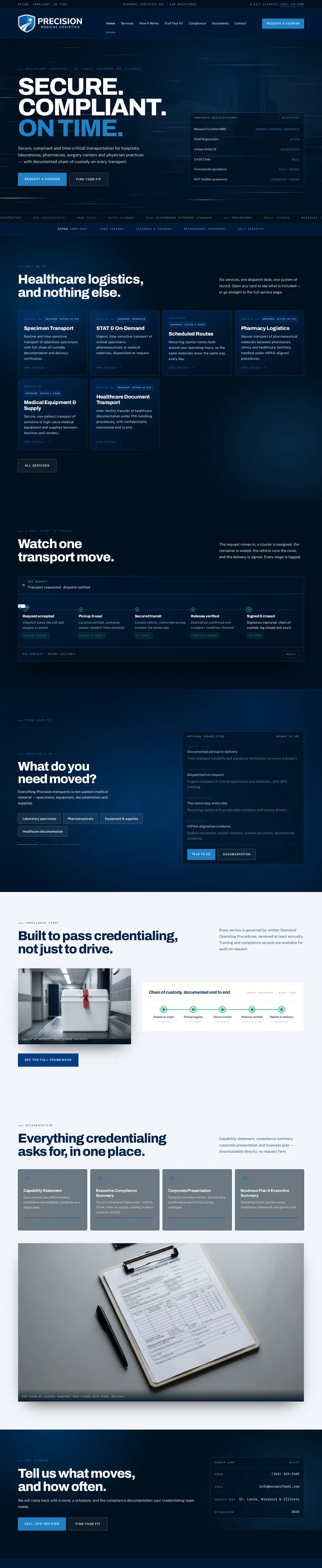 Precision Medical Logistics website built by DYE MEDIA: healthcare courier site with services, credentialing and quote request