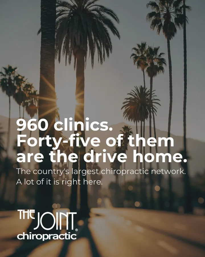 Instagram post for The Joint Chiropractic: palm-lined street at sunset with the headline 960 clinics, forty-five of them are the drive home