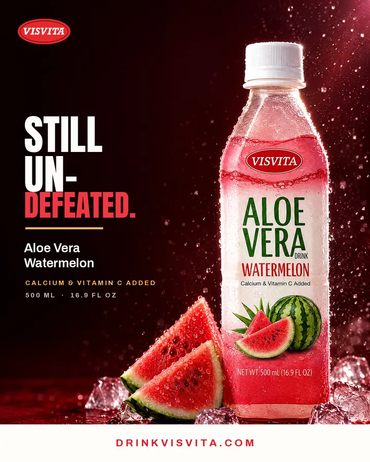 Instagram post for VISVITA: watermelon aloe vera bottle splashed with ice and the headline Still Un-Defeated