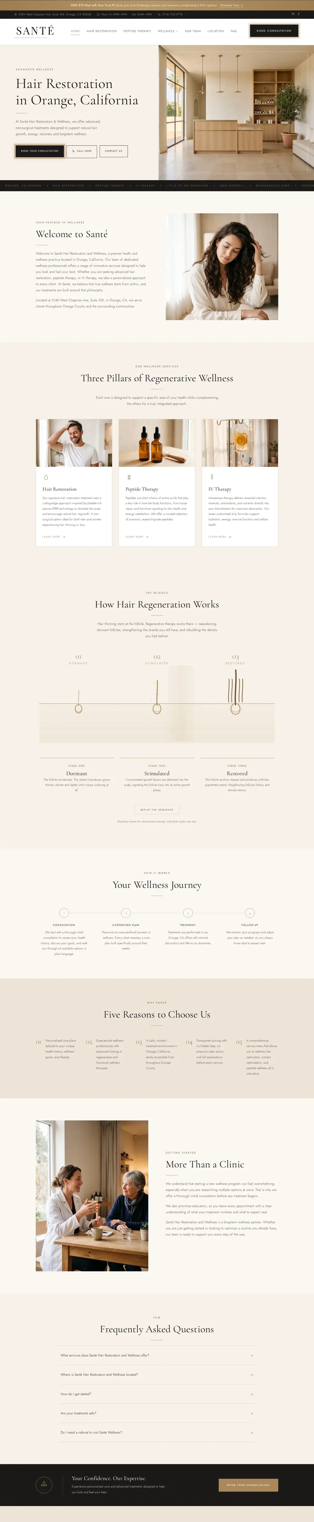 Sante Hair Restoration and Wellness website built by DYE MEDIA: warm, editorial clinic site with treatments and patient journey