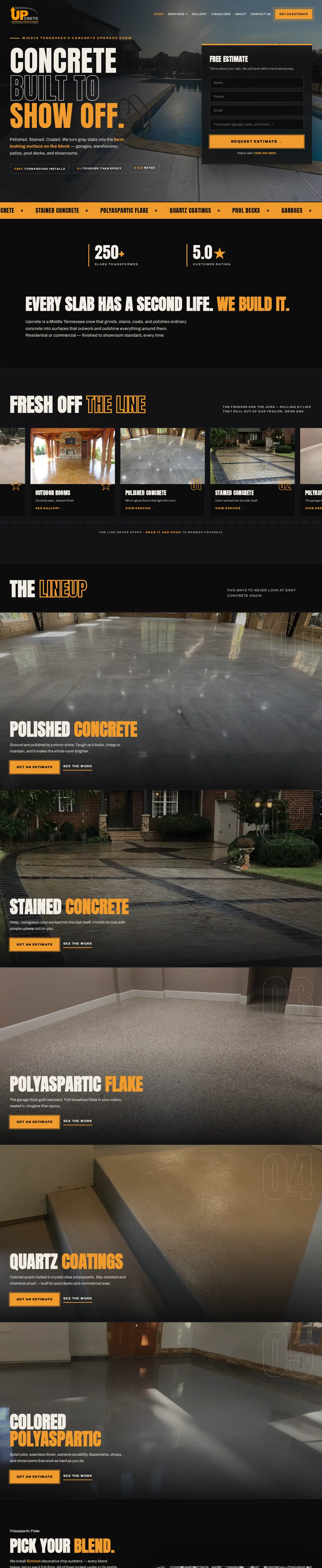 Upcrete website built by DYE MEDIA: dark concrete coatings site with a free-estimate form, service lineup and gallery