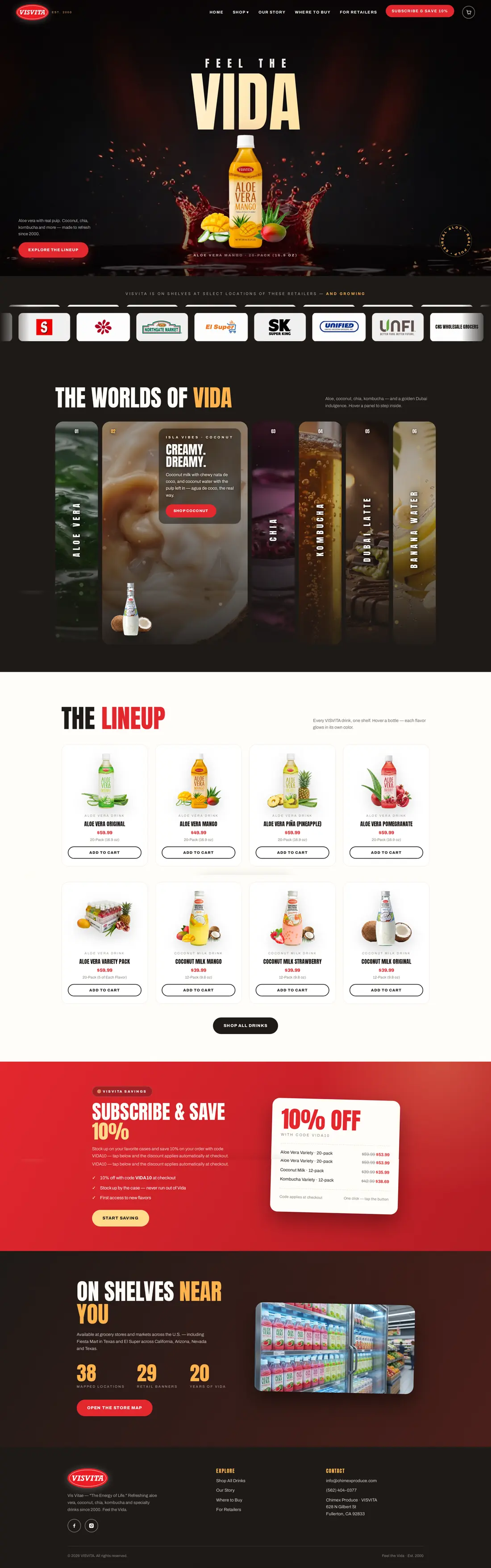 VISVITA Shopify store built by DYE MEDIA: product hero, flavor worlds, product lineup with case pricing and a retail locator